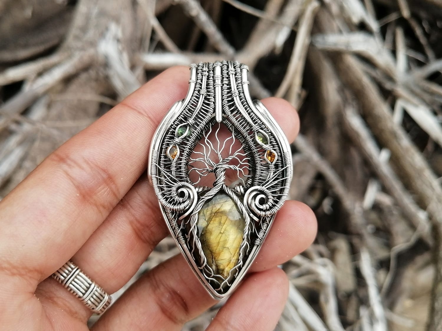Tree of Life - Labradorite Tourmaline & Silver wire pendant