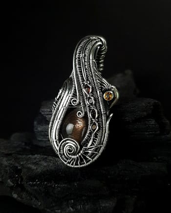 Black Sunstone Tourmalines & Silver wire pendant