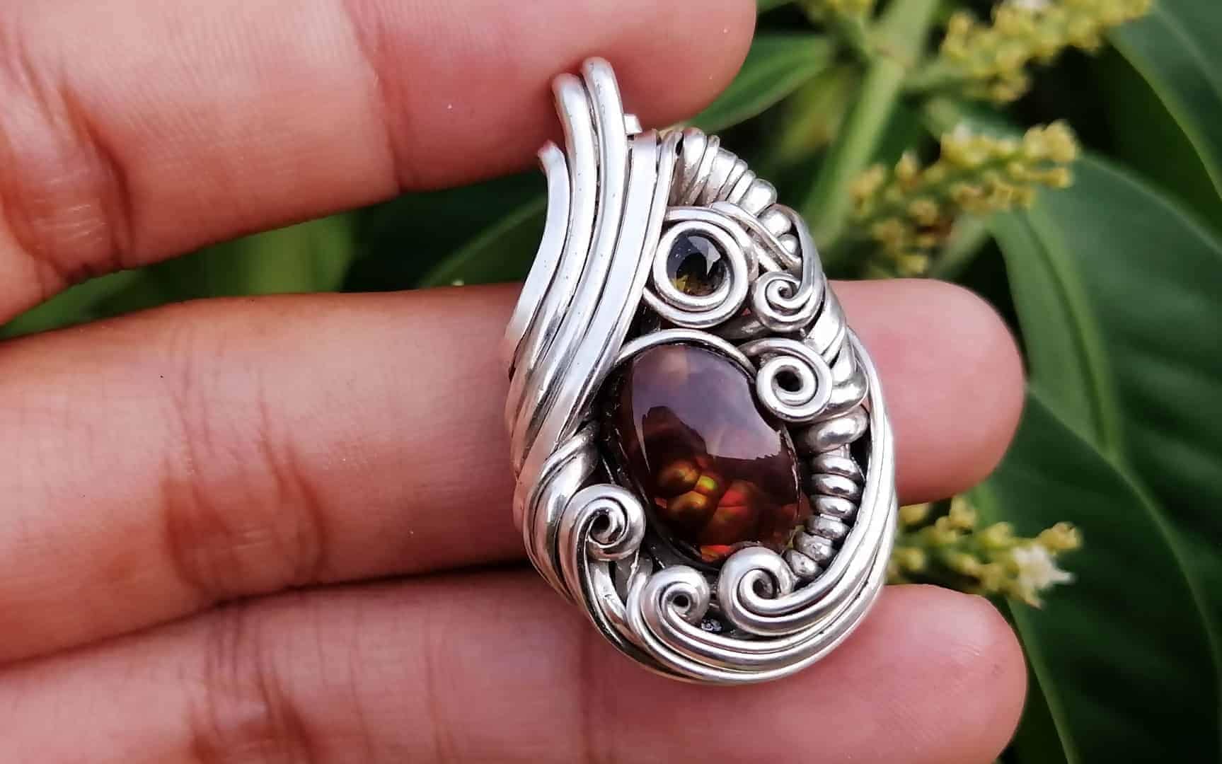 Fire Agate & Tourmaline Silver Pendant