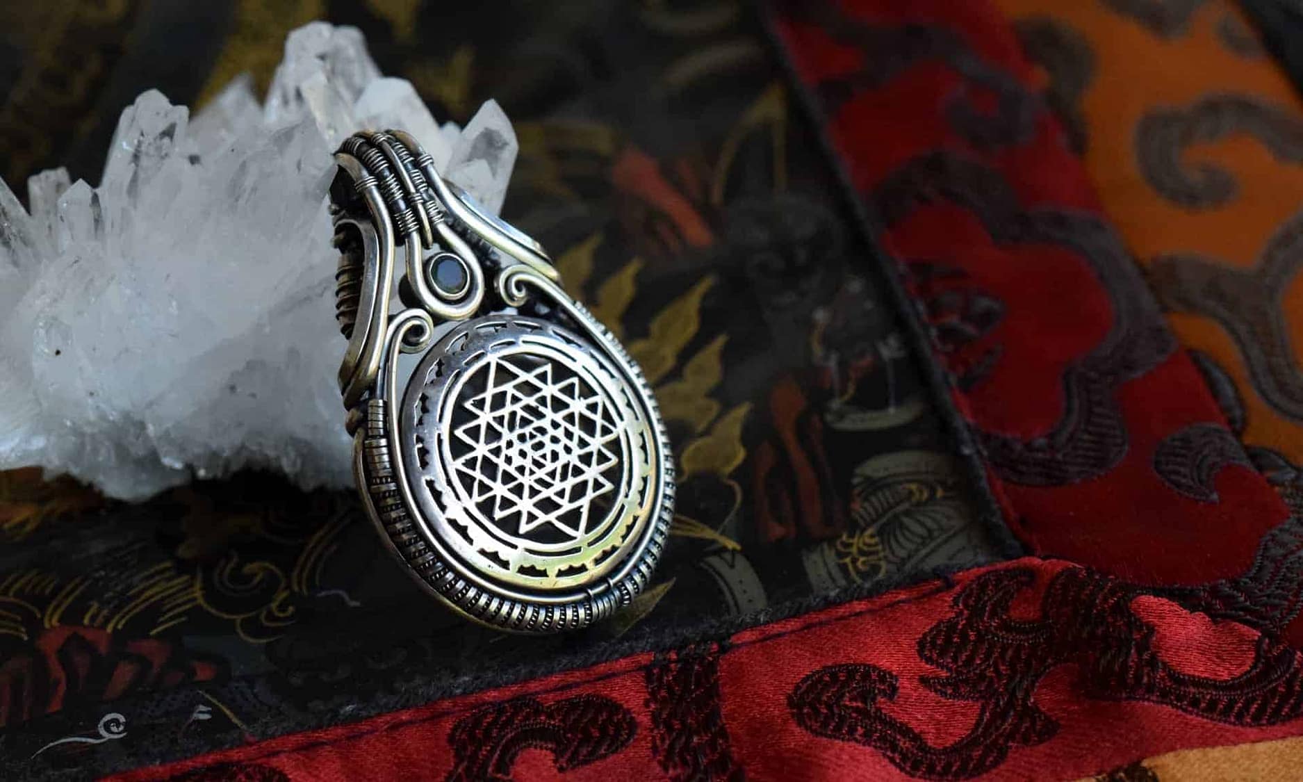 Unalome Silver Sri Yantra Black Opal Sterling Silver Handmade Pendant