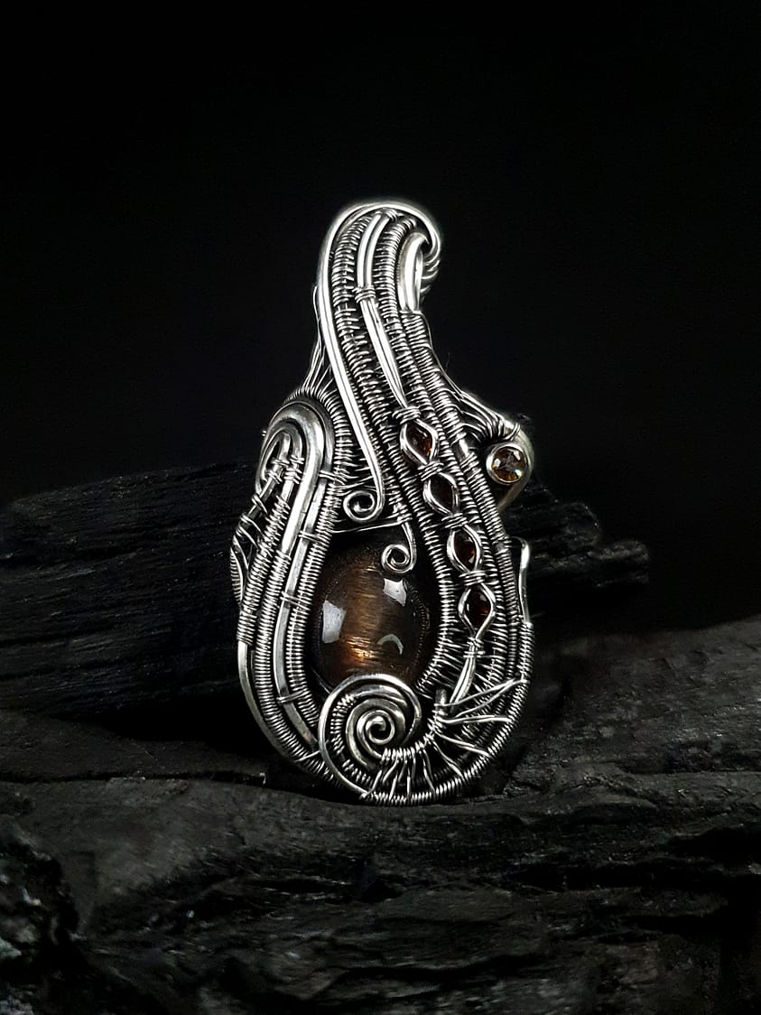 Black Sunstone Tourmalines & Silver wire pendant