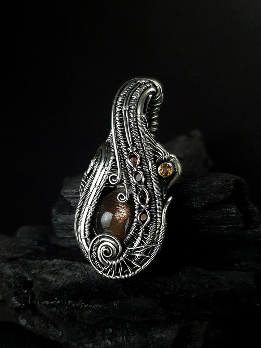 Black Sunstone Tourmalines & Silver wire pendant