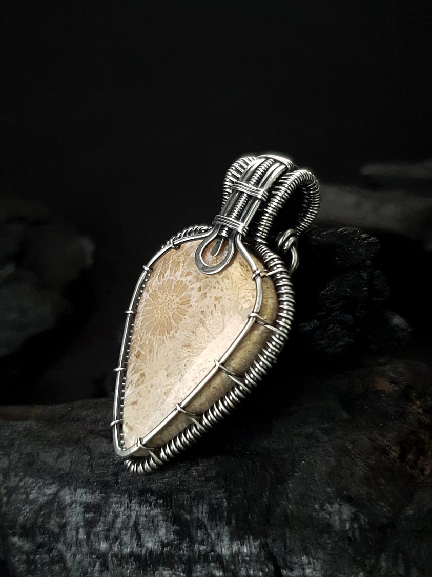 Fossil Coral & Silver wire pendant