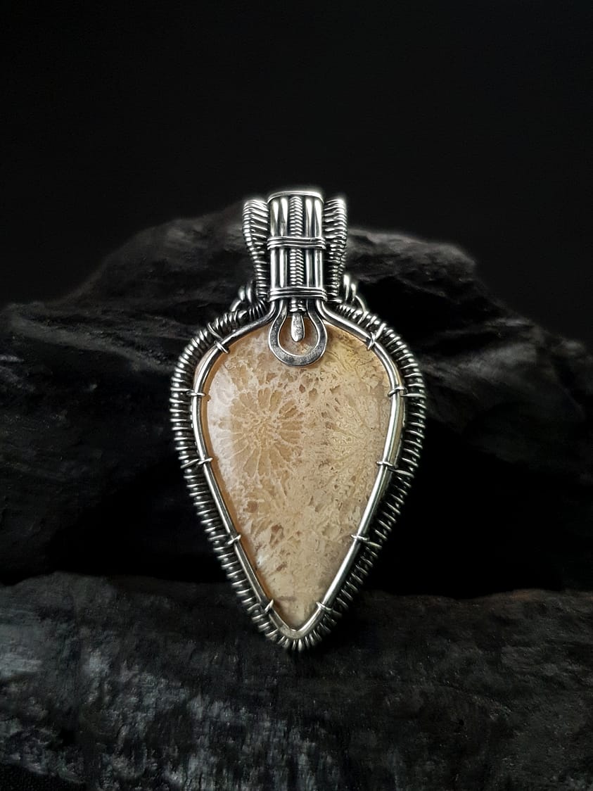 Fossil Coral & Silver wire pendant