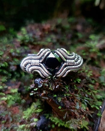 Black Spinel & Silver wire ring