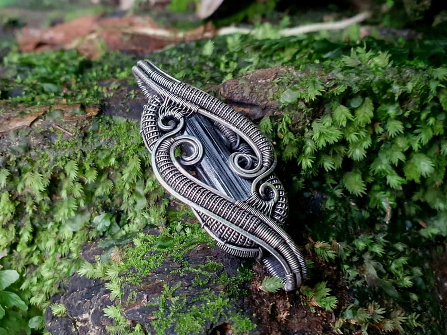 Black Tourmaline & Silver wire pendant