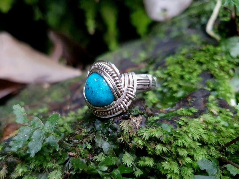 Blue Turquoise & Silver wire ring