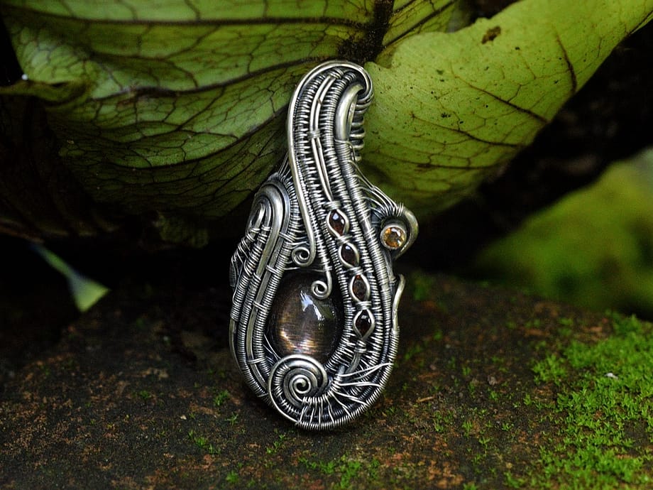 Black Sunstone Silver Wire Wrapped Handmade Pendant