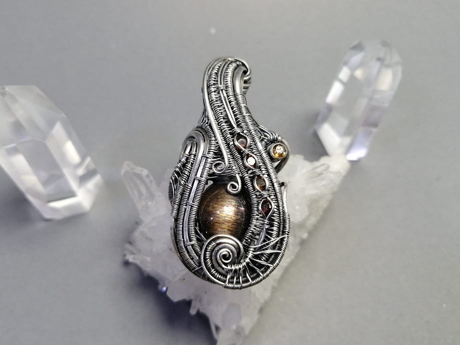 Black Sunstone Silver Wire Wrapped Handmade Pendant