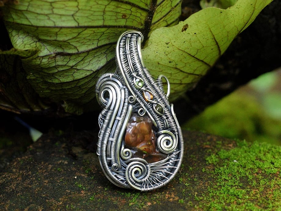 Mexican Fire Agate Tourmaline Silver Wire Wrapped Handmade Pendant