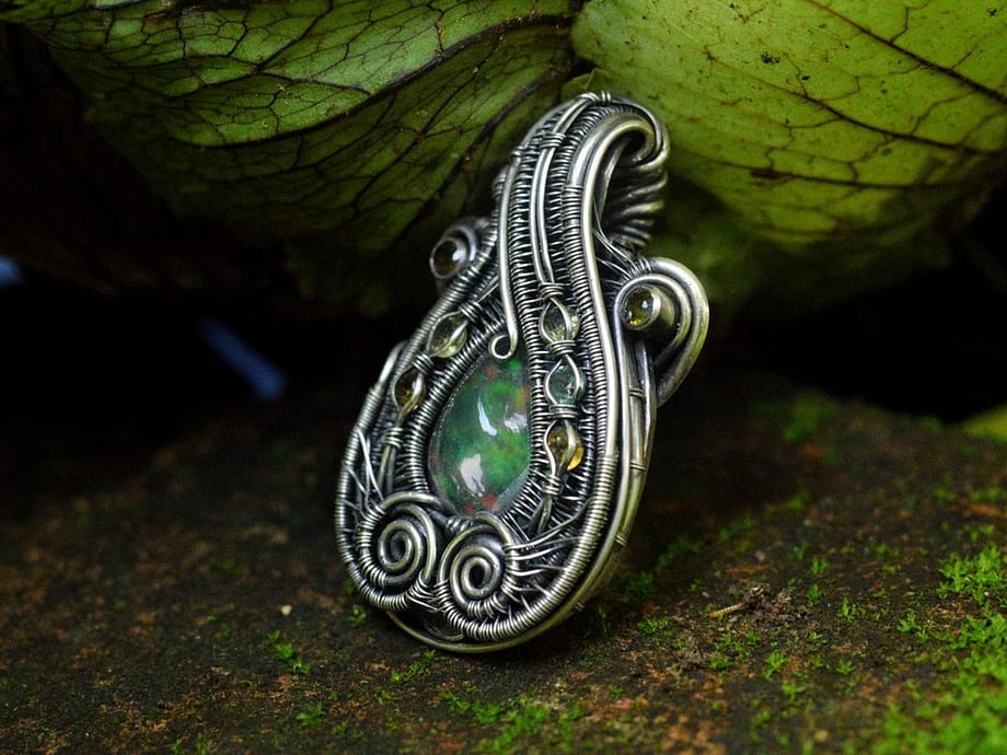 Opal Tourmaline Silver Wire Wrapped Handmade Pendant