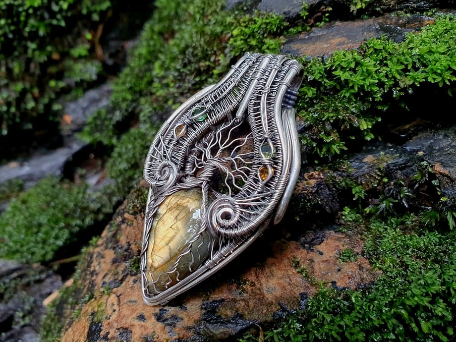 Tree of Life - Labradorite Tourmaline & Silver wire pendant