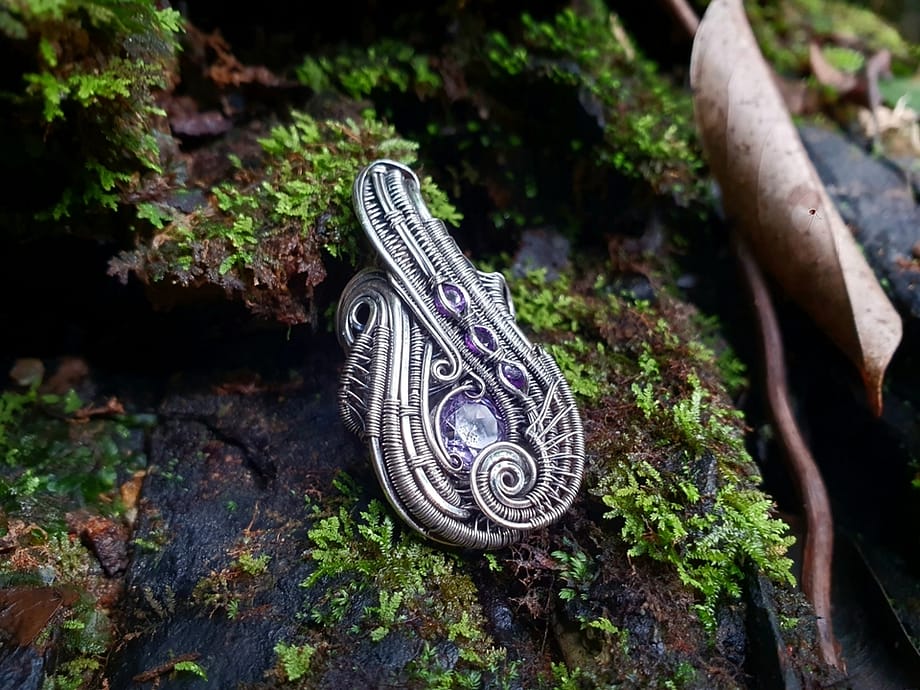 Amethyst Tourmalines & Silver wire pendant