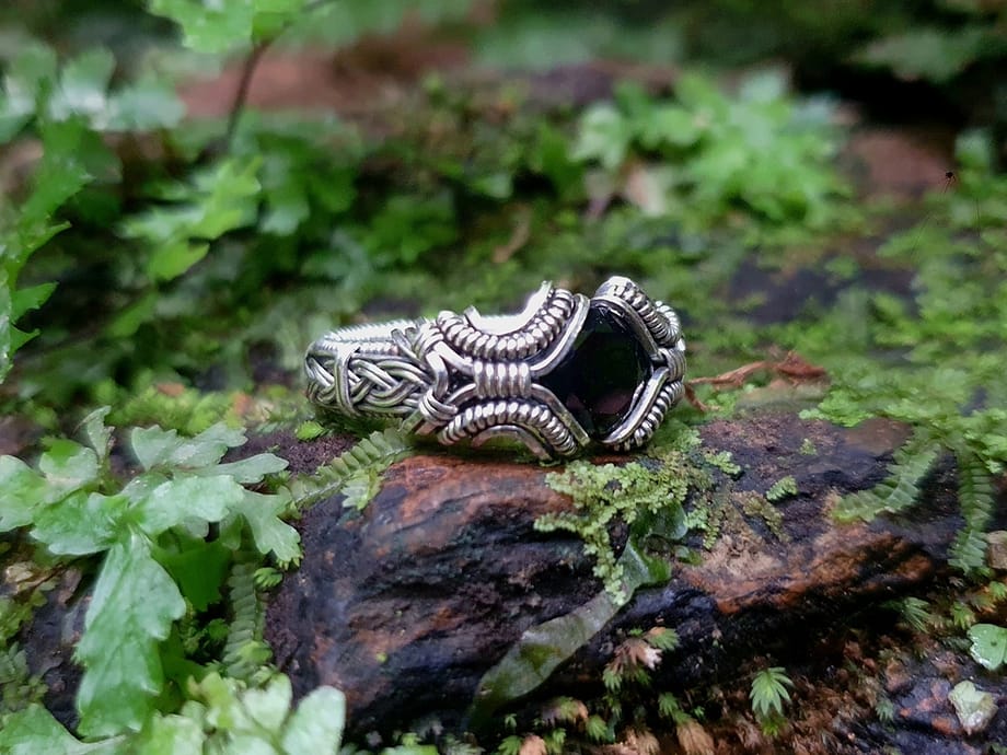 Black Spinel & Silver wire ring