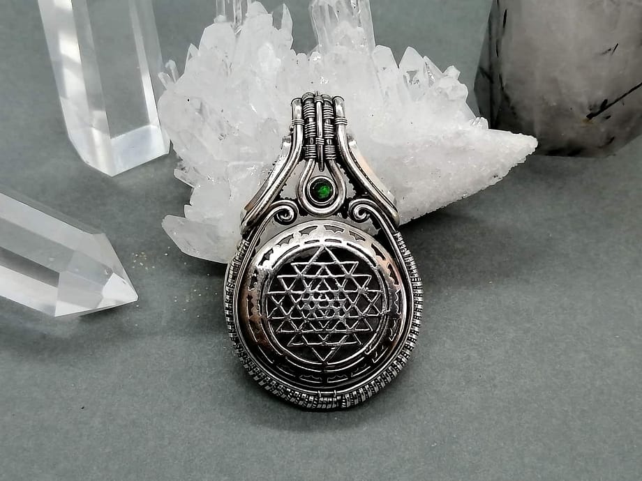 Sri Yantra - Black Opal & Silver wire pendant